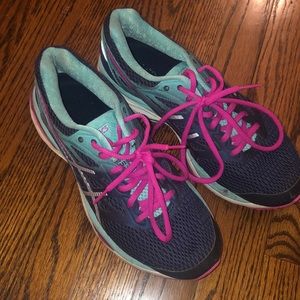 Turquoise, navy, and hot pink ASICS